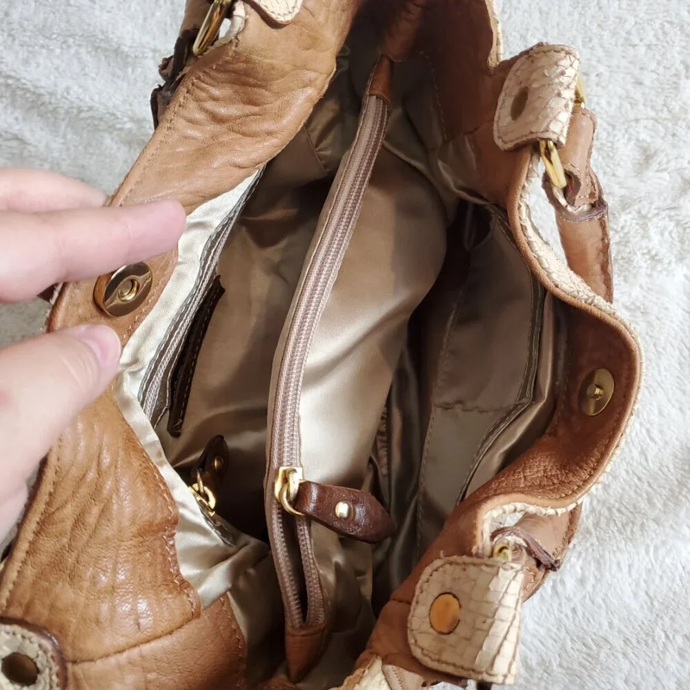 Tan Leather and Snakeskin Embossed Hobo Bag with Bamboo Toggle and Studs
